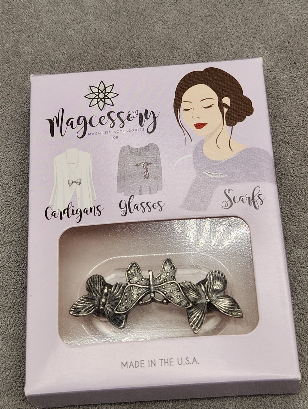 Magcessory Trio Butterfly Magnetic Scarf Glasses Cardigan Pewter Color Made USA